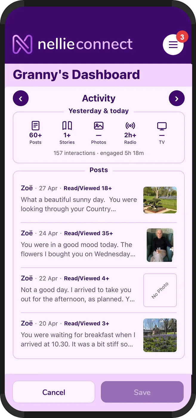 The nellie connect activity insights screen