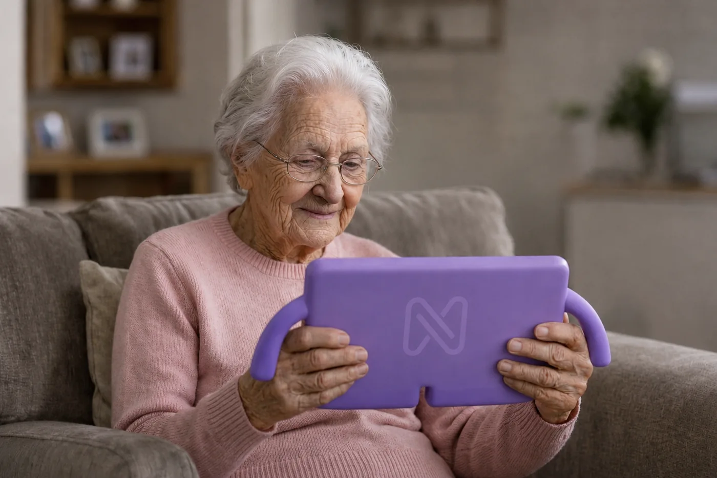 An older lady enjoying photos on her nellie tablet