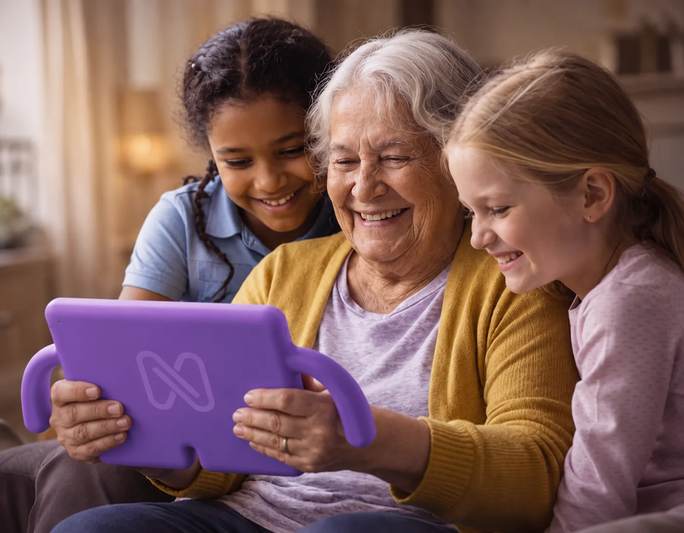 A grandmother laughing with her grandchildren around the nellie tablet