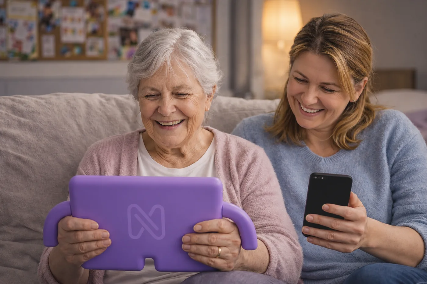 An older lady smiling at her nellie tablet on the sofa