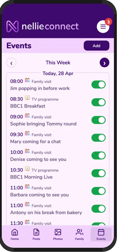 The nellie connect reminders screen