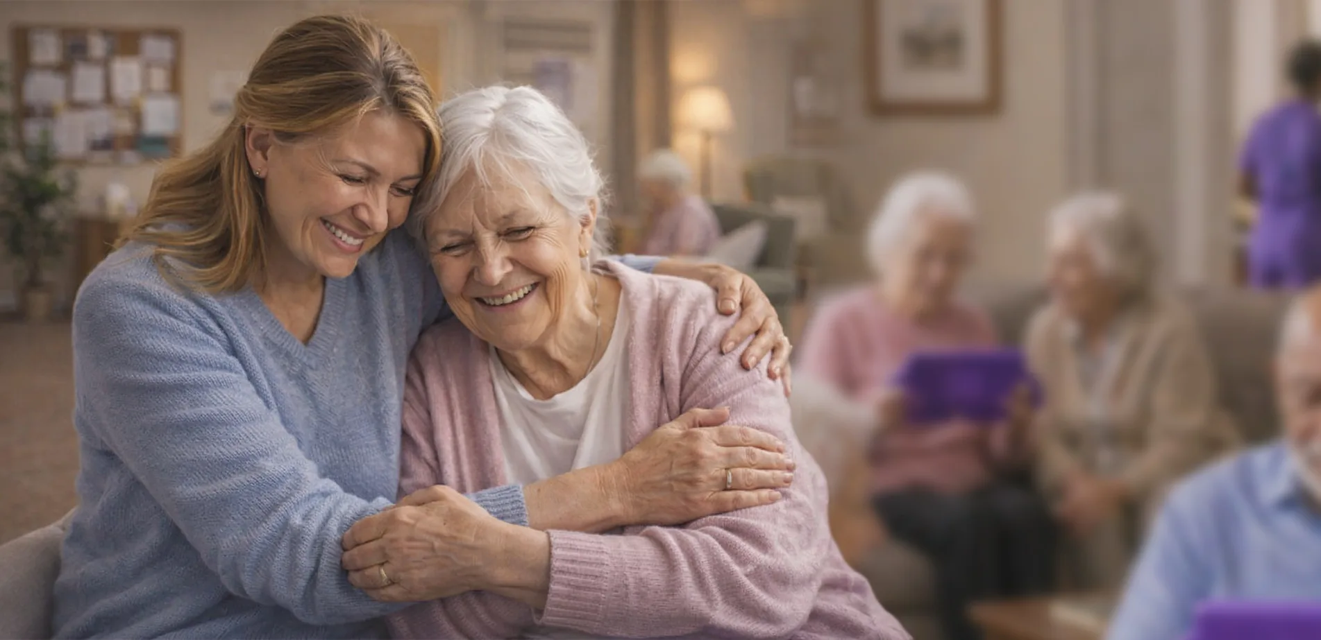 A daughter hugging her mother in a care home