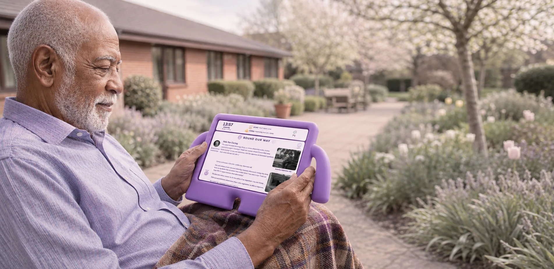 An older man reading local stories on his nellie tablet in the garden